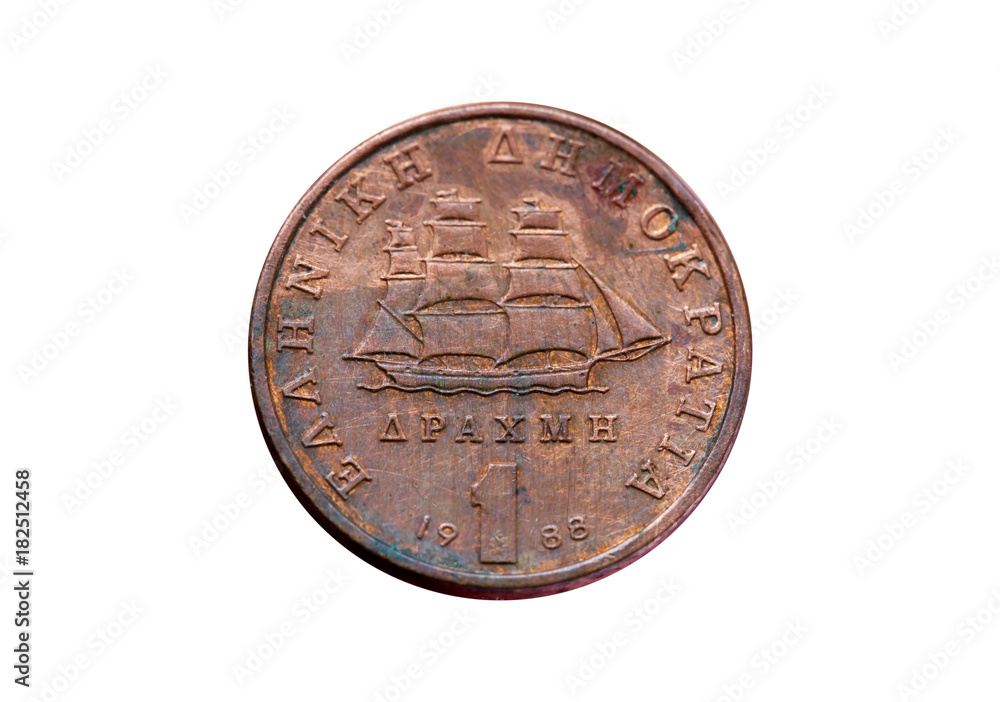 One drachmas old greek coin (year of 1988), concept of Grexit, on White Background