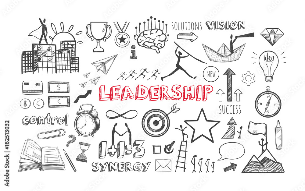 Leadership vector hand drawn Infographic icons set. Business strategy, financial managament and office isolated objects