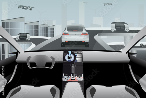 Futuristic self driving car on a high-tech road in the city of the future. Driverless vehicles and drones outside. Vector illustration EPS 10