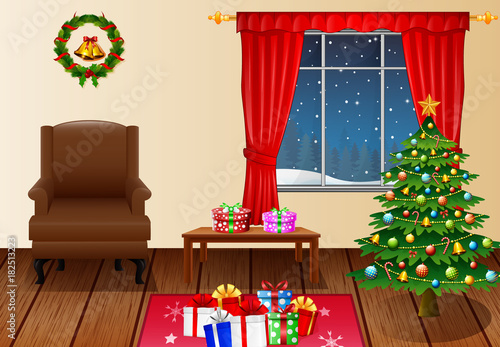 Christmas living room with xmas tree, presents and armchair