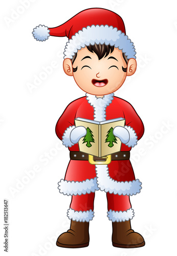 Cartoon boy singing christmas carols isolated on white background