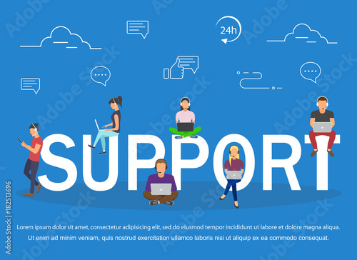 Call center agents with headphones. Online support service assistant. Vector illustration.