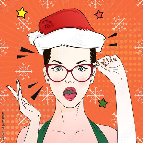 Pop Art Vintage advertising xmas poster comic girl in cat's eye glasses and red santa hat. Vector illustration photo