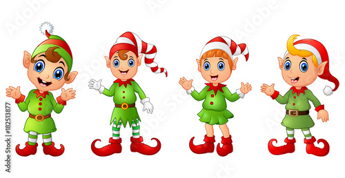 Four Christmas elves different poses isolated on white background