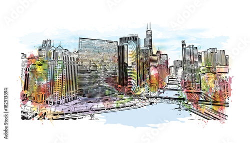 Watercolor splash with sketch illustration of DuSable bridge at twilight, Chicago. in vector. photo