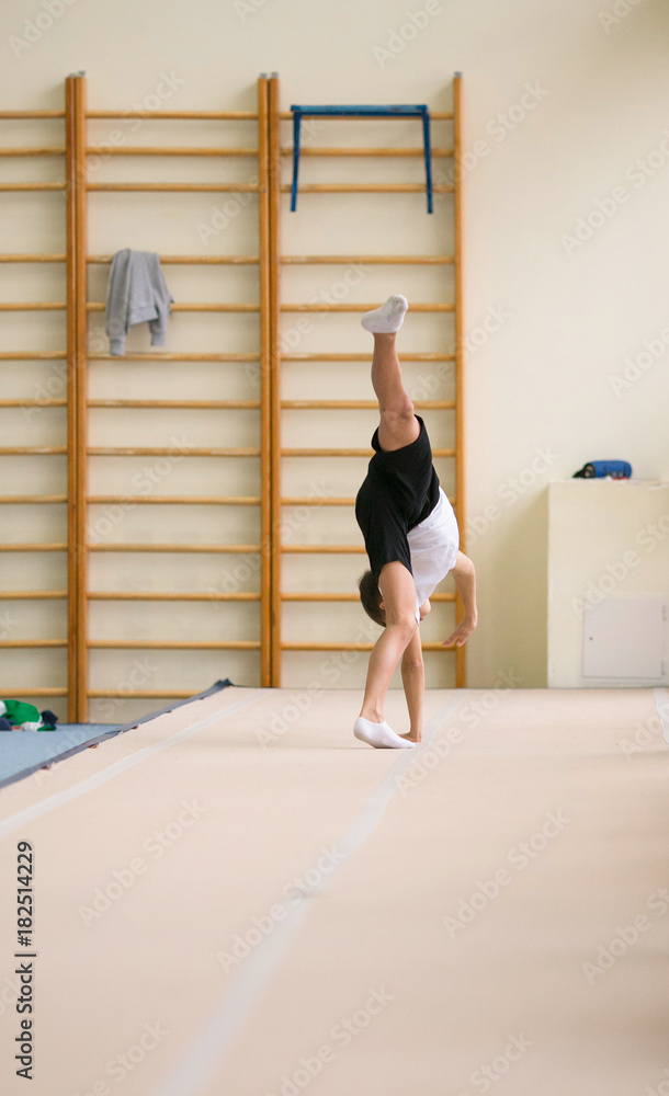 the young man performs gymnastic exercises in the gym. the young man performs gymnastic exercises in the gym.