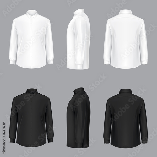 White and black male shirt with long sleeves and buttons in front, back and side view, isolated on a gray background. 3D realistic vector illustration, template formal or casual shirt