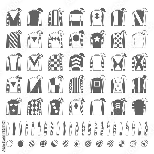 Jockey uniform. Traditional design. Jackets, silks, sleeves and hats. Horse riding. Horse racing. Icons set. Isolated on white. Vector illustration
