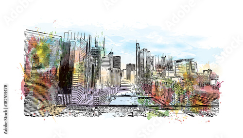 Watercolor splash with sketch illustration of DuSable bridge at twilight, Chicago. in vector.