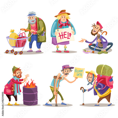 Beggars, homeless, tramps, hobo, funny vector cartoon set isolated on white background. Hobo with shopping cart, beggar on the street, homeless man warms himself by the fire, bum with crutch