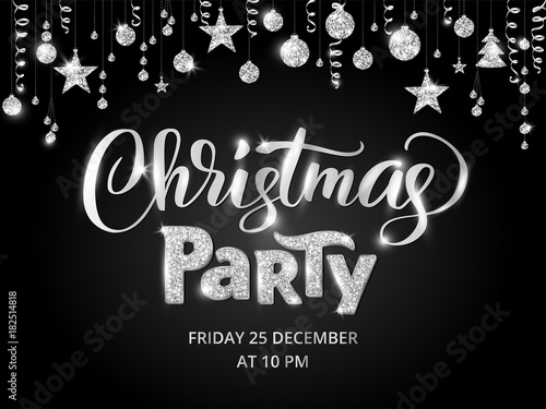 Christmas party poster template, silver on black. Glitter border, garland with hanging balls and ribbons.