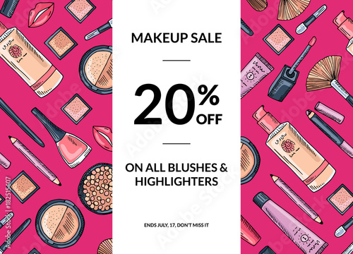 Vector hand drawn makeup products sale background