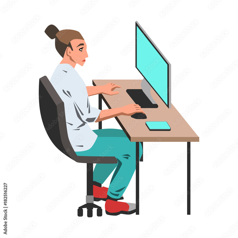 Woman working on her computer by the desk illustration on white background Woman working on her computer by the desk illustration on white background