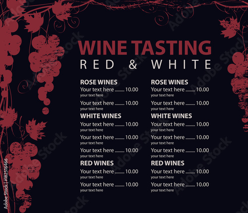 Vector menu for wine tasting with price patterned vine and bunch of grapes on the black background