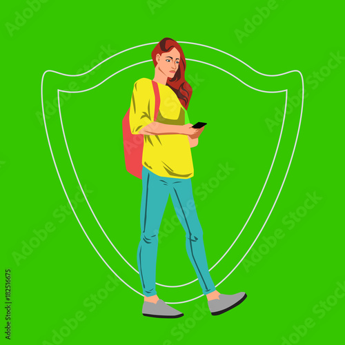Young woman walking with smart phone vector illustration