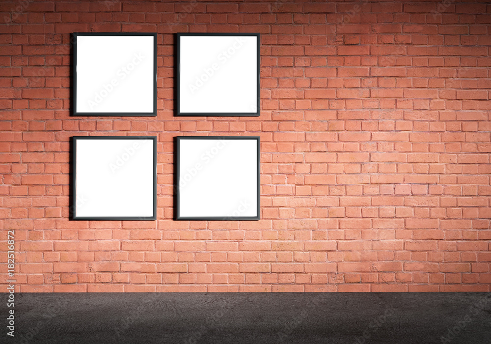 Blank white paper poster in black frame at red brick wall and concrete floor. Grungy interior, poster mock up. Presentation for artwork. 3d rendering illustration Blank white paper poster in black frame at red brick wall and concrete floor. Grungy interior, poster mock up. Presentation for artwork. 3d rendering illustration