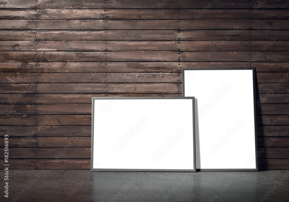 Blank white paper poster in black frame at wall with wooden panels and concrete floor. Grungy interior, poster mock up. 3d rendering presentation for artwork. Blank white paper poster in black frame at wall with wooden panels and concrete floor. Grungy interior, poster mock up. 3d rendering presentation for artwork.