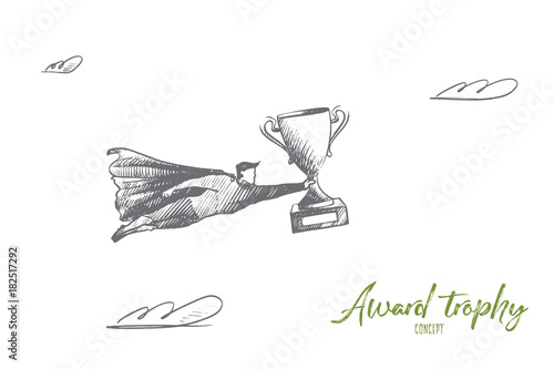 Award trophy concept. Hand drawn superhero with cup for winner. Flying hero brings trophy for winner of competition isolated vector illustration. photo
