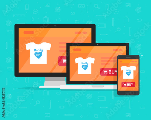 Responsive internet shop design, online store web site page showed on desktop pc, laptop and smartphone, ecommerce shop website on pc and mobile phone, flat cartoon style e-commerce development