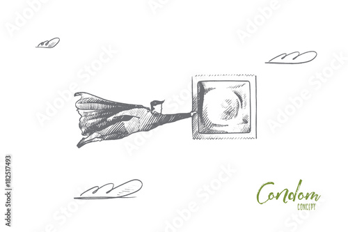Condom concept. Hand drawn superhero with condom in his hand. Flying hero holds latex contraceptive isolated vector illustration.
