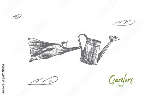 Garden concept. Hand drawn superhero with watering tool in his hand. Flying hero as gardener worker isolated vector illustration.