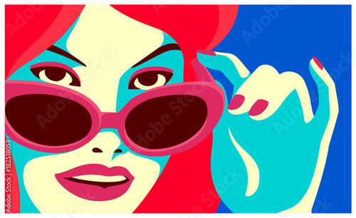 Cheeky redhead woman looking over sunglasses and smiling fashion minimal pop art style flat design vector illustration