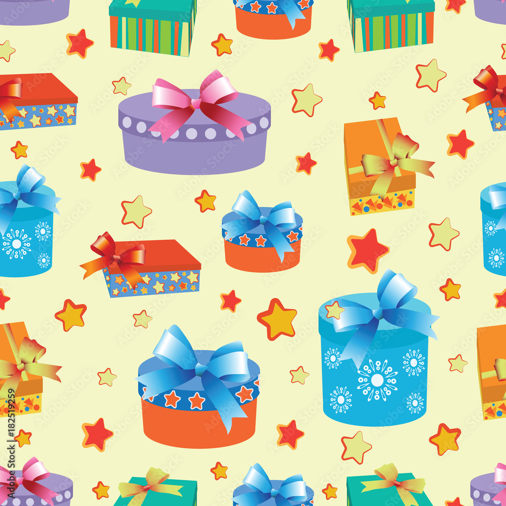 Boxes with gifts. Seamless pattern. Design for children's textiles and packaging materials, holiday gifts, background image. Boxes with gifts. Seamless pattern. Design for children's textiles and packaging materials, holiday gifts, background image.