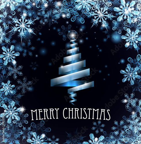 Blue Merry Christmas Tree Snowflakes Background