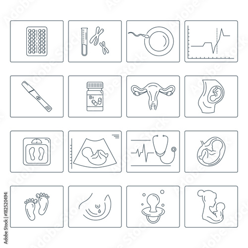 Pregnancy and childbirth. Obstetrics and gynecology vector line icons set. Preparing a woman for pregnancy and labor. Health medical and care newborn. Diagnostic equipment, medical tools. Motherhood.