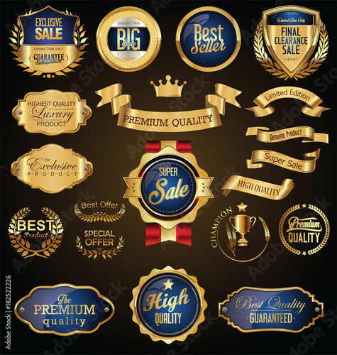 Golden badges and labels with golden ribbon vector collection