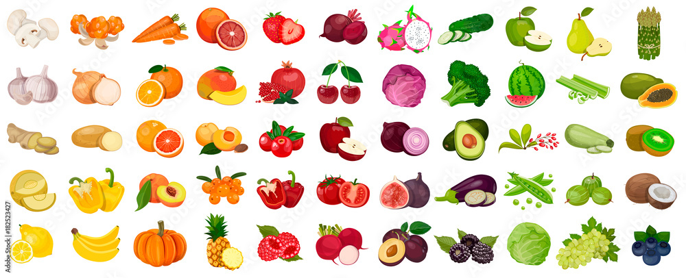 Set of berries and fruits, vegetables on a white background. Vector icon - obrazy, fototapety, plakaty 