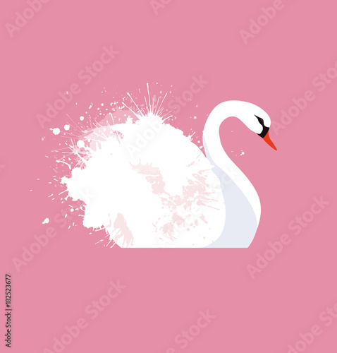 Vector flat illustration of a white swan with watercolor splashes. Vector element for your creativity