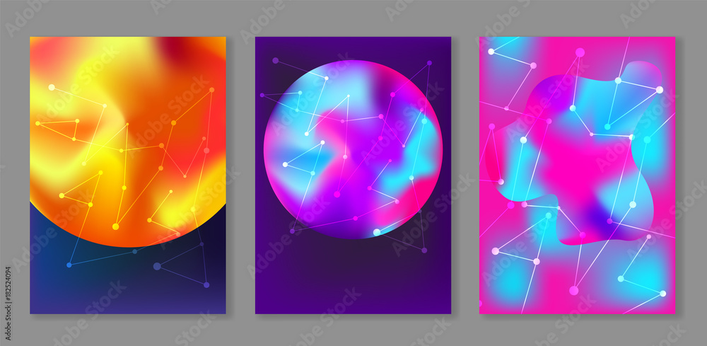 Modern cosmic backgrounds with gradient planets, sun, earth and white stars or network for fashion trendy flyer, brochure design. Creative posters set with yellow, blue and violet mesh balls