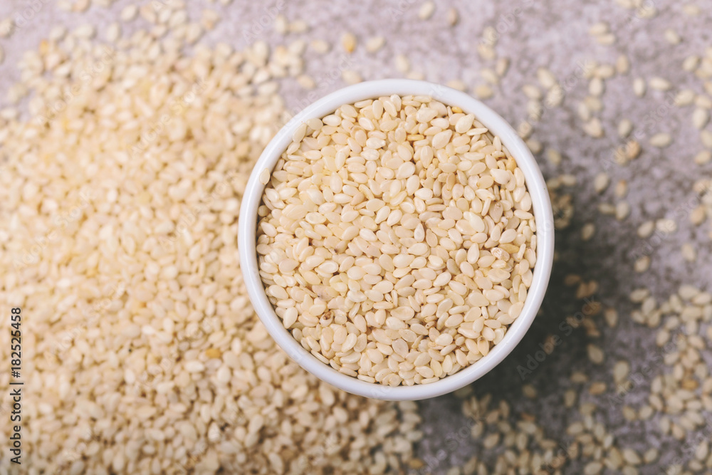 White sesame seeds. Copy space. Top view. White sesame seeds. Copy space. Top view.