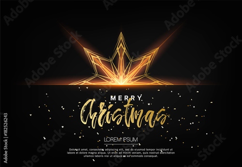 Elegant Christmas background with bhining gold snowflakes template for banner, flyer or card design. Christmas glowing golden star. Vector illustration