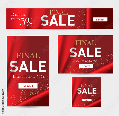 Christmas sale. Christmas discounts. The template for standard format banners: horizontal, vertical, square. Festive red background with gold letters and shine	