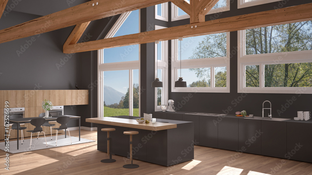 Modern kitchen in classic villa, loft, big panoramic windows on summer spring meadow, white and gray minimalist interior design Modern kitchen in classic villa, loft, big panoramic windows on summer spring meadow, white and gray minimalist interior design