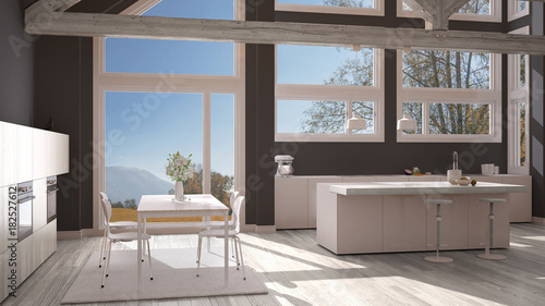 Modern kitchen in classic villa, loft, big panoramic windows on autumn meadow, white and gray minimalist interior design © ArchiVIZ