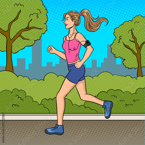 Sport girl jogging in park pop art vector