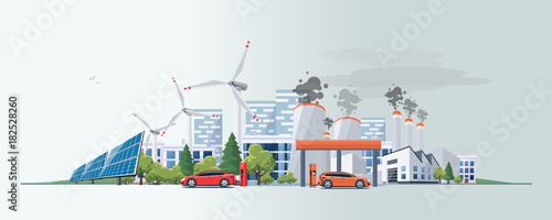 Vector illustration of renewable electric vs. fossil pollution power electricity resource. Electric car charging at  charger station with solar panels and wind turbines and fossil car refueling petrol