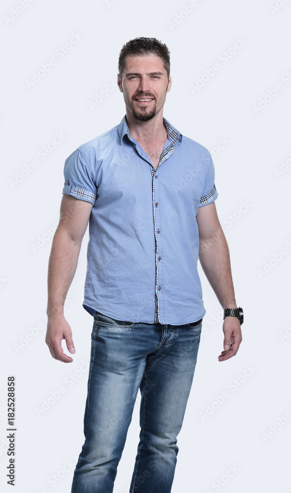 Fototapeta premium Happy man with hands up, isolated on white