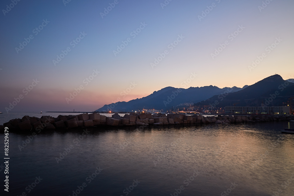 Sunset overlooking the sea and mountains on the Amalfi coast, Italy