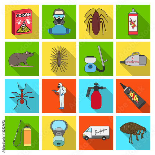 Pest, poison, personnel and various equipment flat icons in set collection for design. Pest control service vector symbol stock web illustration.