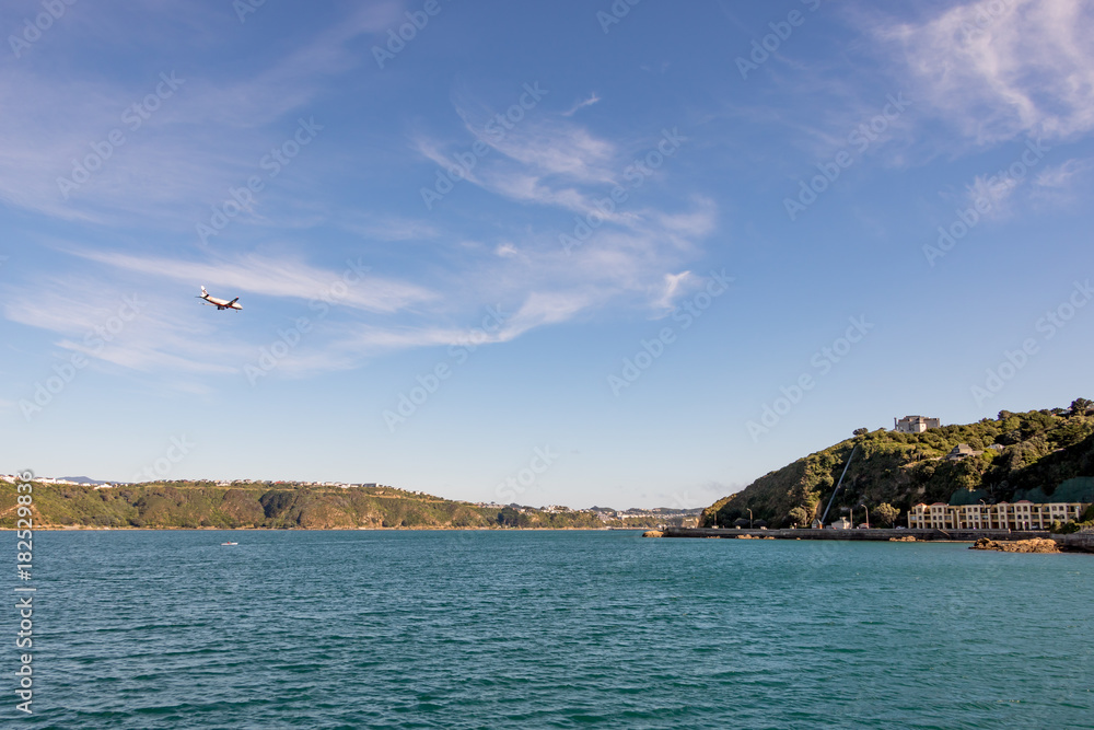 Plane Lands At Wellington New Zealand Airport, Image With Negative Space 