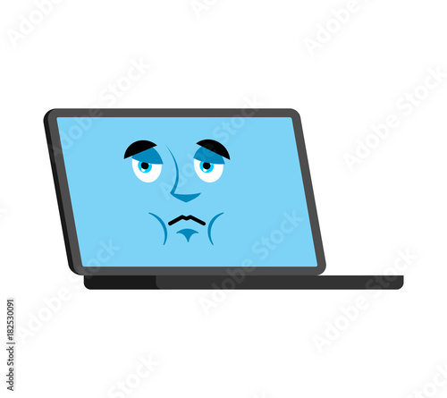 Computer sad emoji face avatar. Laptop sorrowful emotions. PC dull. Vector illustration