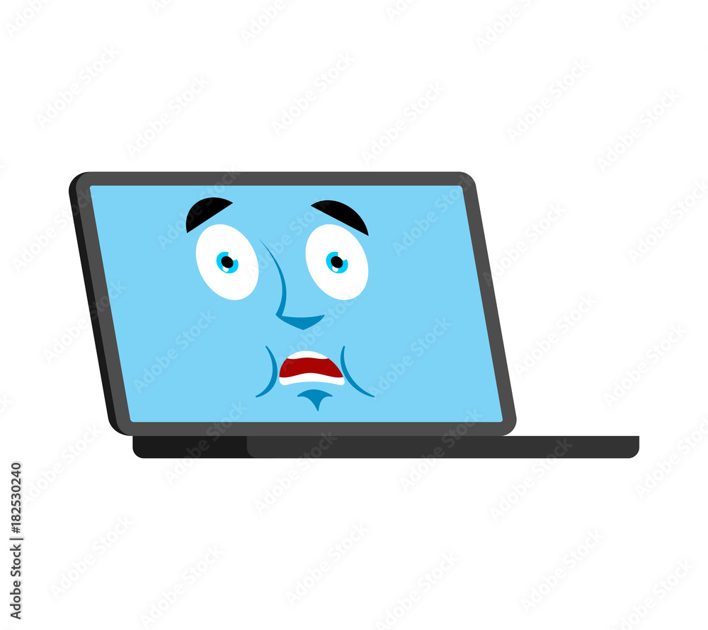 Laptop scared OMG emoji face avatar. Computer Oh my God emotions. PC Frightened. Vector illustration Laptop scared OMG emoji face avatar. Computer Oh my God emotions. PC Frightened. Vector illustration