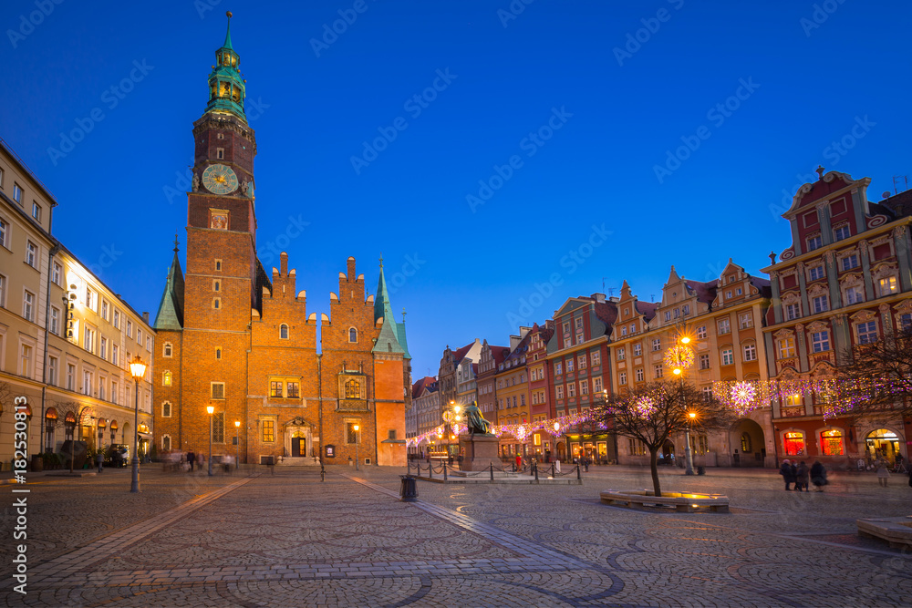 Market Square with old City Hall in Wroclaw at dusk, Poland.