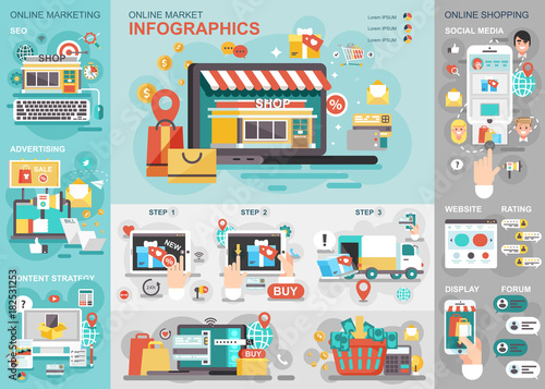 Online market flat infographic vector design template. Can be used for business process, shopping, e-commerce, big sale, content strategy, advertising, digital merketing.