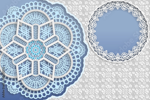 Template of wedding greetings or invitations. 3D mandala, round frame with lace edges, surface with a relief pattern. Floral background on the surface. Place for the inscription in the frame. Vector.