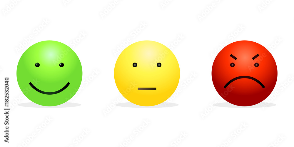 Vector Set of 3 Smileys - Green Happy, Yellow Calm and Red Furious Vector Set of 3 Smileys - Green Happy, Yellow Calm and Red Furious